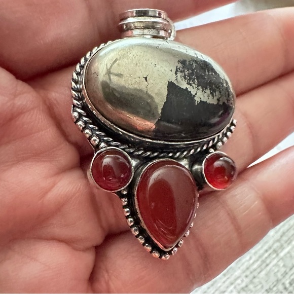 Pendant Pyrite And Carnelian Agate Large Gemstones Stones Silver Tone 3331 - Picture 2 of 9